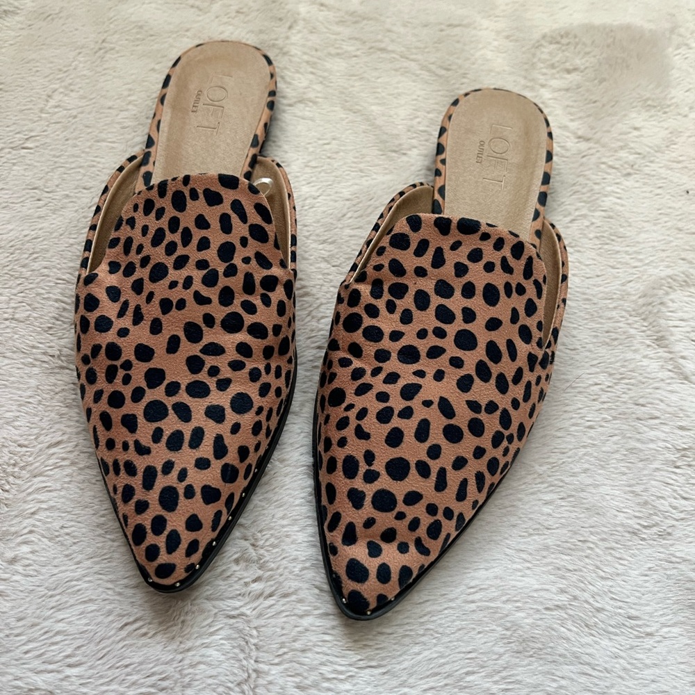 Loft Outlet Tan + Black Animal Print Slide On Pointy Toe Mule - Size 8